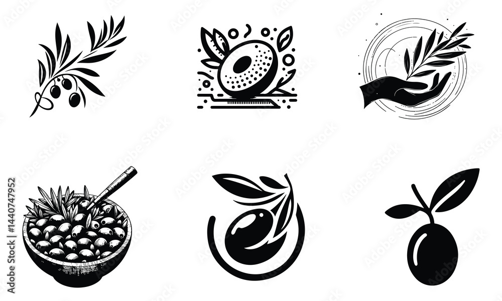 Fototapeta premium Olive Branch and Basket Illustration | Black and White Olive Artwork