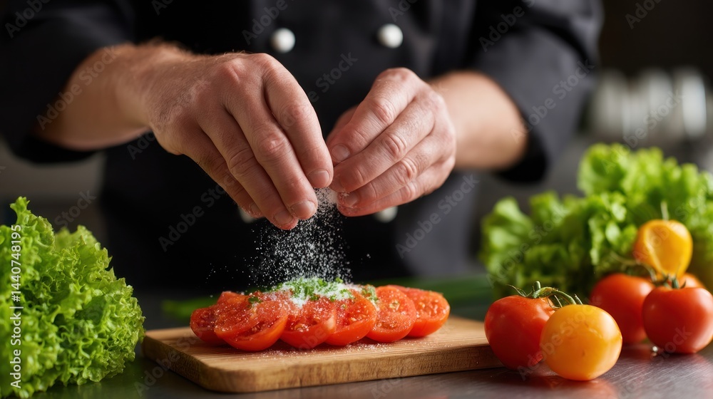 Chef seasoning sliced tomatoes (1) Chef seasoning sliced tomatoes (1)
