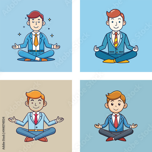 Cartoon Businessman Meditating In Lotus Position Business Success And Stress Relief Concepts