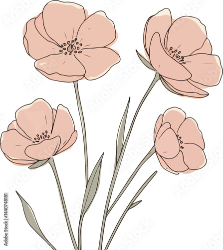 Fototapeta Naklejka Na Ścianę i Meble -  Minimalist pastel flowers with soft strokes, delicate watercolor texture, semi-transparent petals, isolated on white background, elegant and airy design