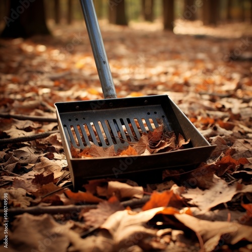 Close up of a metal dustpan filled with vibrant leaves and debris, showcasing outdoor cleanliness