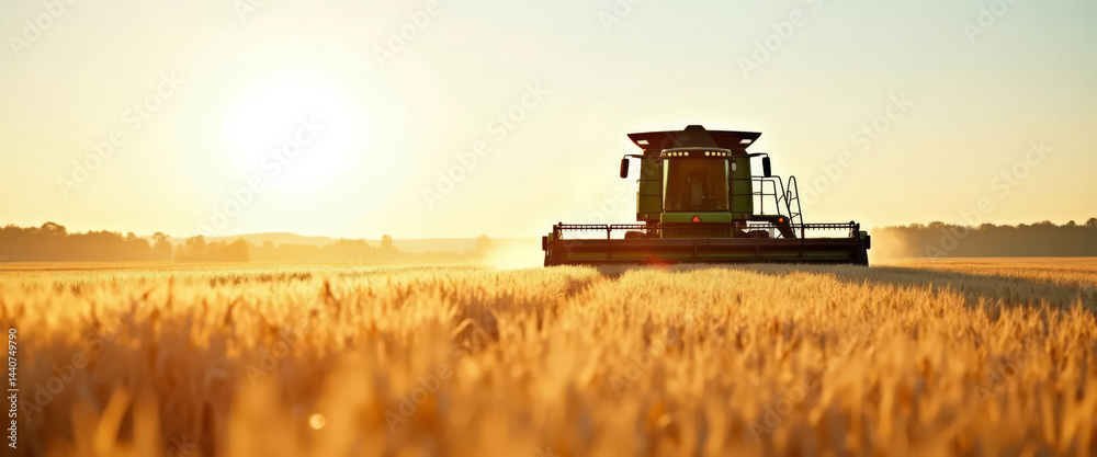 Combine harvester working in a wheat field under a clear sky. Agricultural machinery harvesting ripe crops in summer.