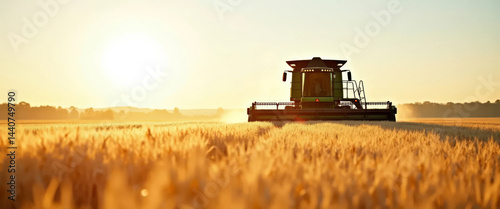 Obraz na płótnie Combine harvester working in a wheat field under a clear sky. Agricultural machinery harvesting ripe crops in summer. w salonie