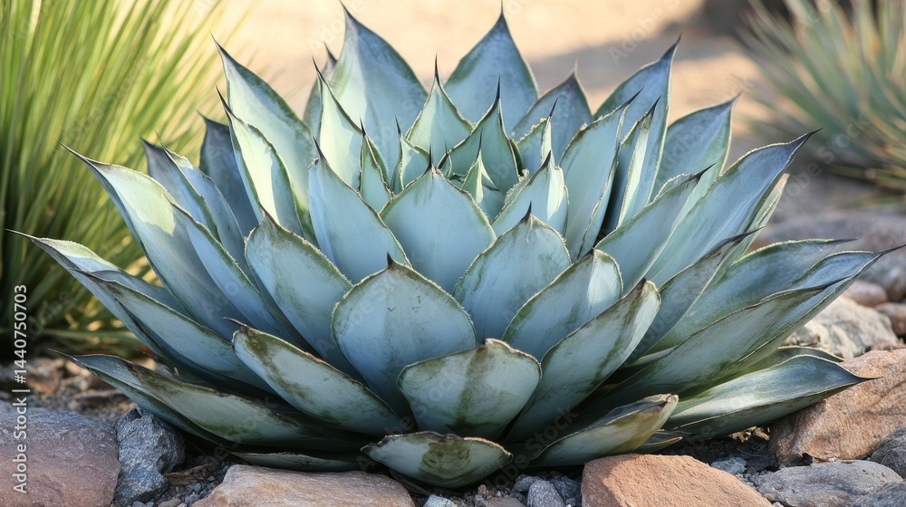 Fototapeta premium Close-up of agave plant with blue-green leaves in desert garden