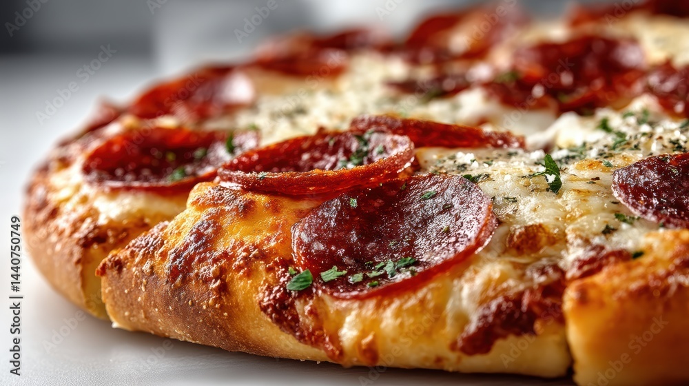 a close-up of a delicious freshly baked pizza with cheese and pepperoni on a white isolated background, savory and mouth-watering design a close-up of a delicious freshly baked pizza with cheese and pepperoni on a white isolated background, savory and mouth-watering design