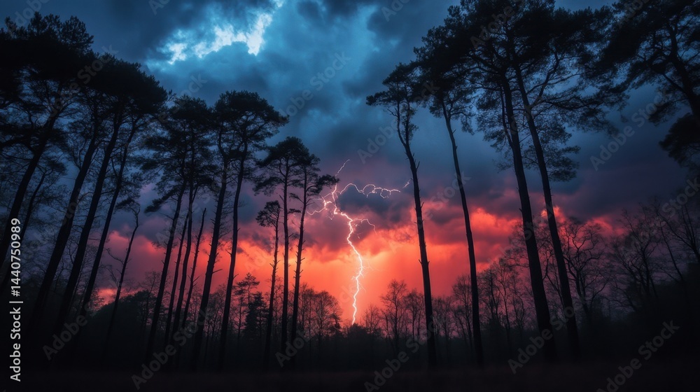 Fototapeta premium Stunning view of lightning striking trees with a dramatic sunset sky in the background. Nature shows its power and beauty.