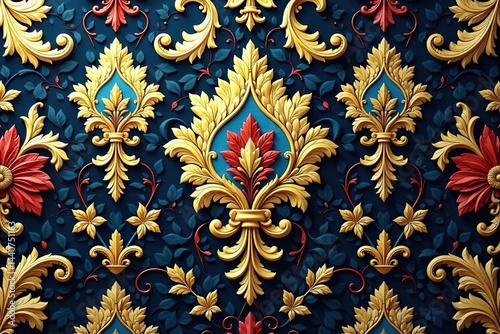 Large-scale damask, bold scrolling acanthus leaves and ornate details , symmetrical, large, scale