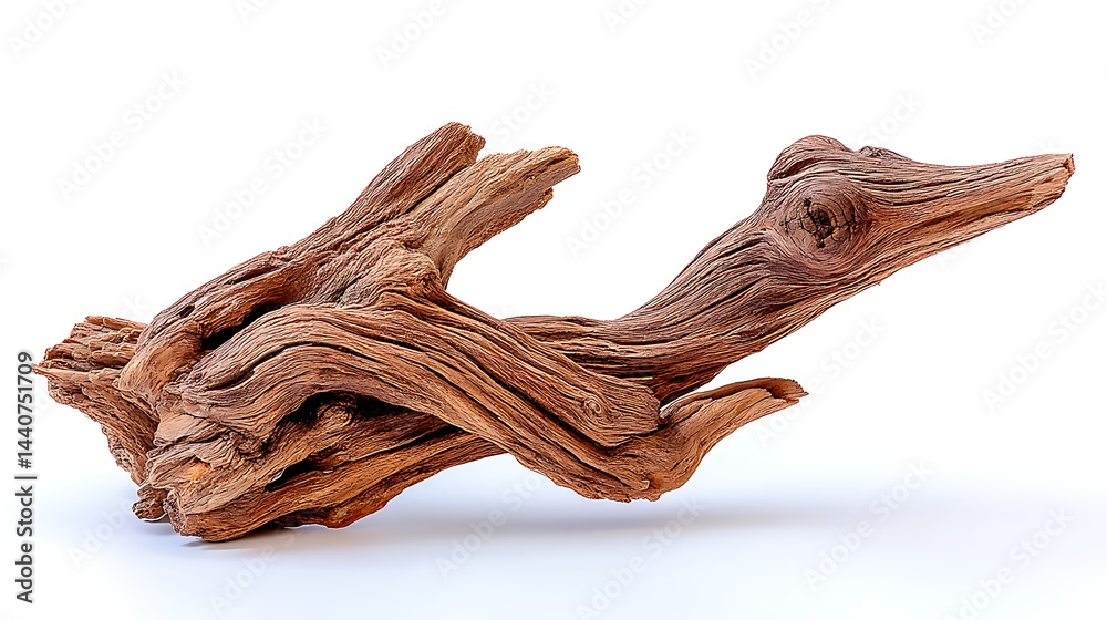 Fototapeta premium Intricate, dark brown driftwood piece, shaped like a bird, isolated on white