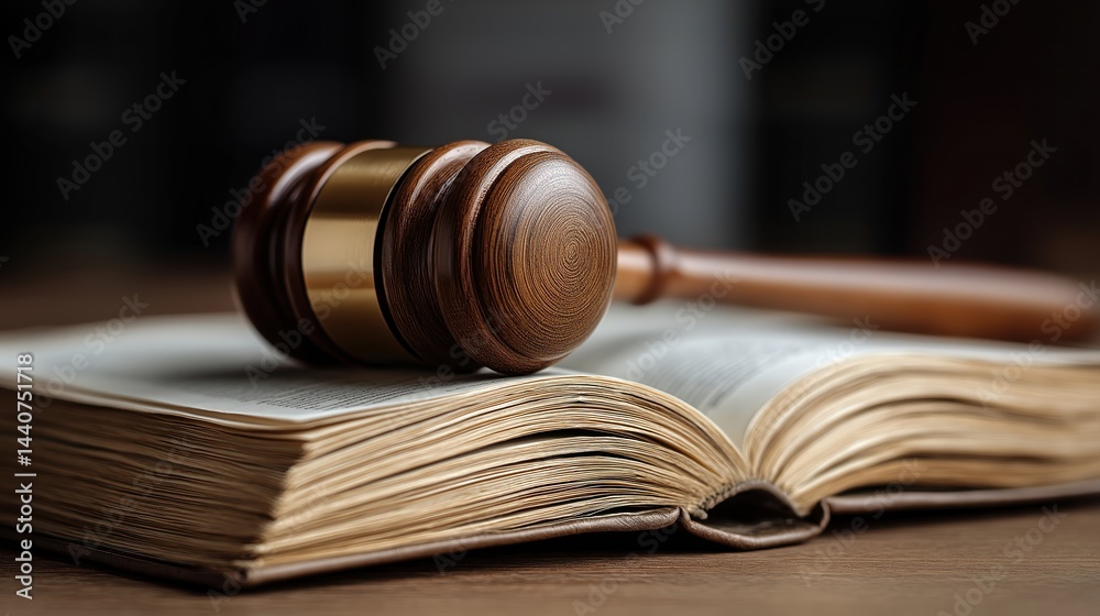 Wooden gavel and open law book on a courtroom desk with legal literature in the background Wooden gavel and open law book on a courtroom desk with legal literature in the background