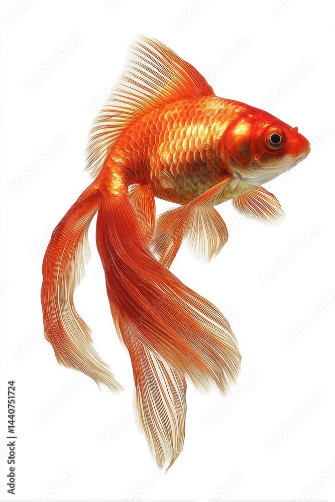 Fototapeta premium Elegant goldfish swimming gracefully with flowing fins against a pristine white backdrop showcasing vibrant orange hues and intricate scale details in a captivating aquatic scene