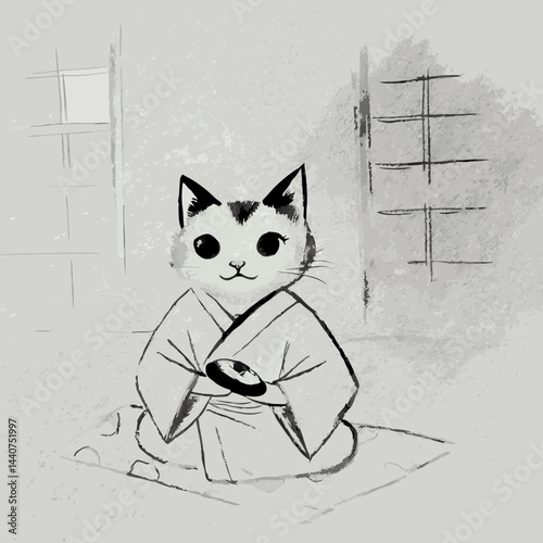 Cute cat dressed in kimono, sitting peacefully in a serene room  