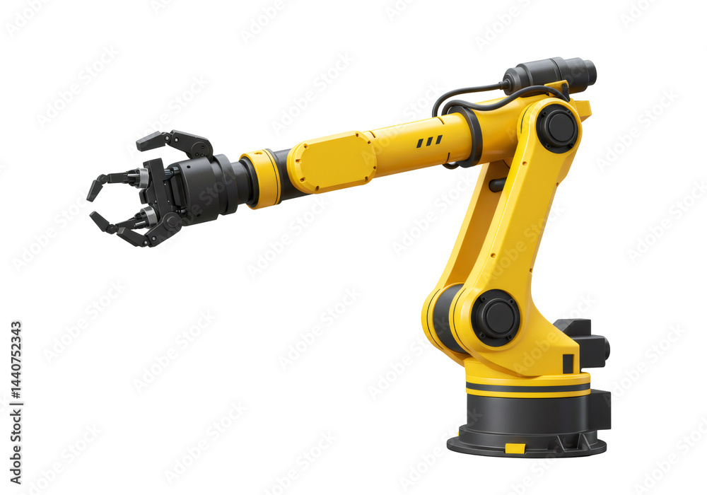 イエローロボットアーム 産業用ロボット技術 黒い背景に分離されたオブジェクト イエローロボットアーム 産業用ロボット技術 黒い背景に分離されたオブジェクト