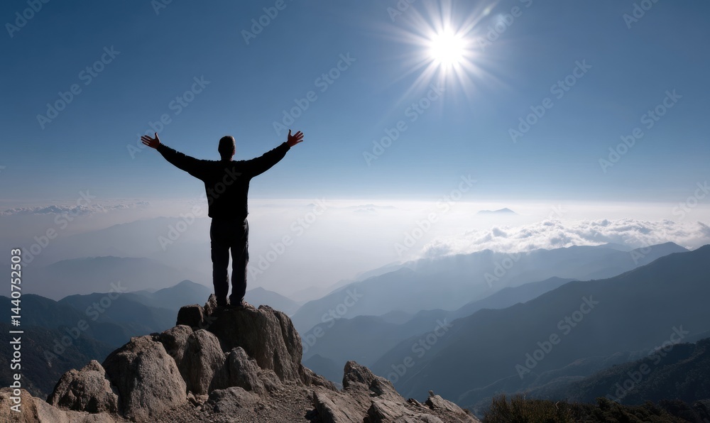 A man atop a mountain, celebrating a view A man atop a mountain, celebrating a view