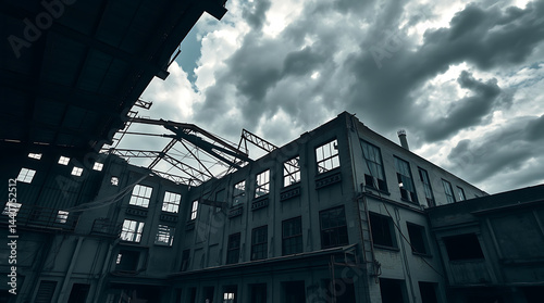 haunted old factory with crumbling walls and collapsed roof