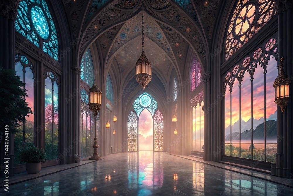 Gothic Fantasy Castle Hall at Sunset with Stained Glass Windows Gothic Fantasy Castle Hall at Sunset with Stained Glass Windows