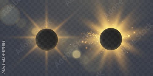 Bright solar eclipse light effect, glowing corona, shining sunburst, transparent cosmic flare, realistic sunlight phenomenon.

