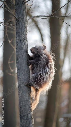 A charming porcupine climbing a tree in its natural habitat. The prickly creature showcases its unique features as it ascends photo