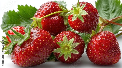 a bunch of freshly picked strawberries with green tops on a white isolated background, sweet and vibrant design