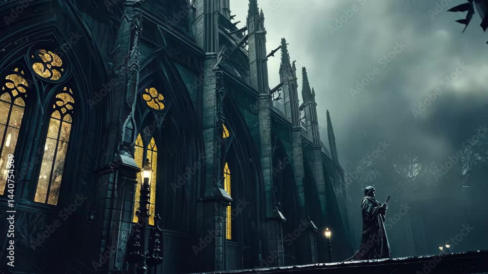 Gothic cathedral shrouded in gloom with tall spires and intricate stained glass, evoking a somber atmosphere during a dark and rainy evening