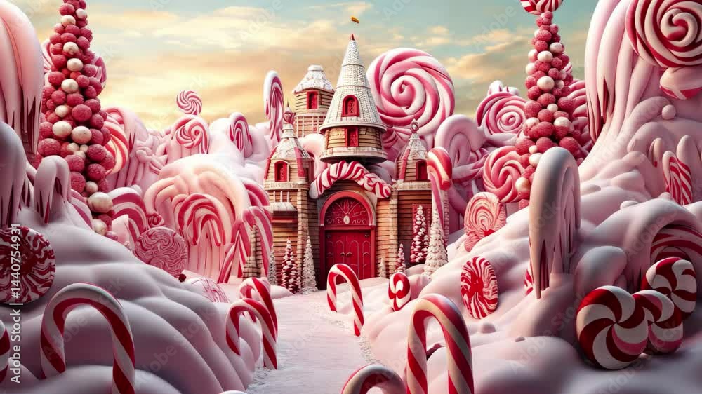 Explore a magical candy cane forest filled with whimsical gumdrop trees and delightful sweets under the warm glow of the sunset on a winter evening