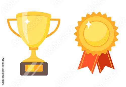 Gold cups and awards flat illustrations set