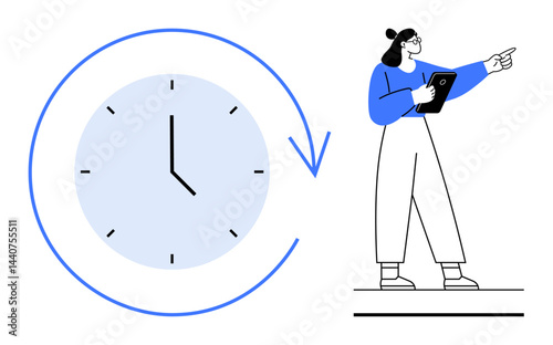 A clock encircled by a blue arrow symbolizes time, while a woman with a tablet points forward. Ideal for productivity, deadlines, time management, planning, scheduling, efficiency, simple landing
