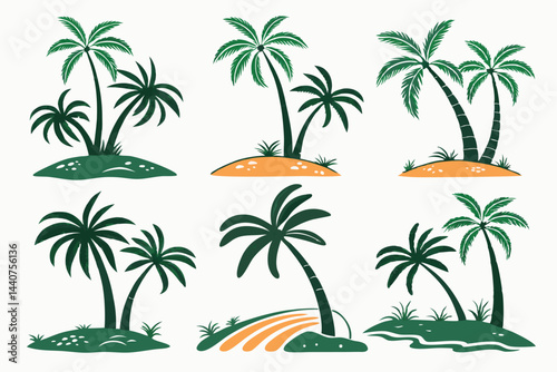 Set of Stylized Palm Tree Illustrations on Tropical Islands in Simple, Modern Vector Design.
