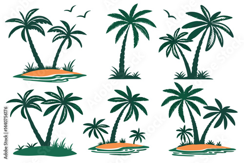 Set of Vector Palm Tree Silhouettes with Tropical Island Elements for Summer Vacation Designs