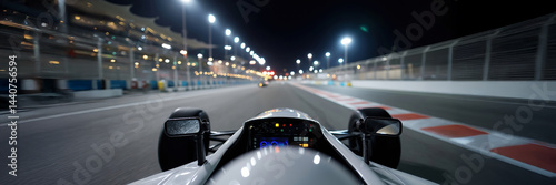 A blurred race car is speeding down a track at night. First person view. The car is in the middle of the track and is surrounded by lights. The car is the main focus of the image