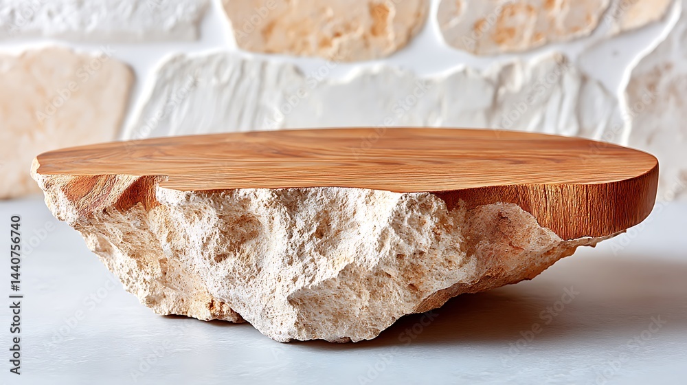 Rustic wooden platter with stone base, textured, natural elements Rustic wooden platter with stone base, textured, natural elements
