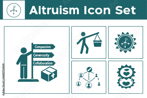 Altruism and Philanthropy Icon Set Depicting Compassion, Generosity, Collaboration, Giving and Support.