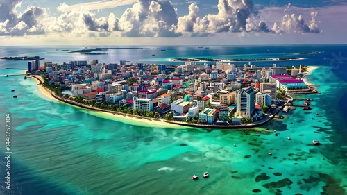 Aerial view of Male, the vibrant capital of the Maldives, showcasing its urban landscape surrounded by stunning turquoise waters and scattered clouds on a sunny day