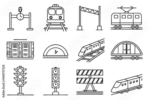 Doodle Style Set of Railroad Transport and Infrastructure Outlines with Train, Signal, Barriers and Track.