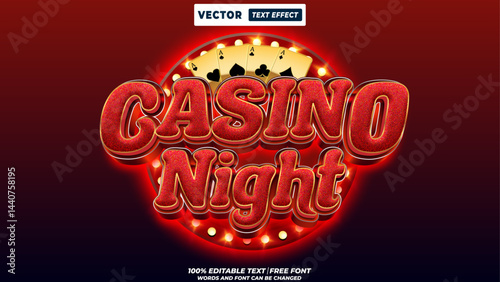 Casino night 3d text effect vector. Shiny neon 3d retro style signage with bright lights, glossy bold typography, jackpot vegas gamble alphabet, editable casino design template.