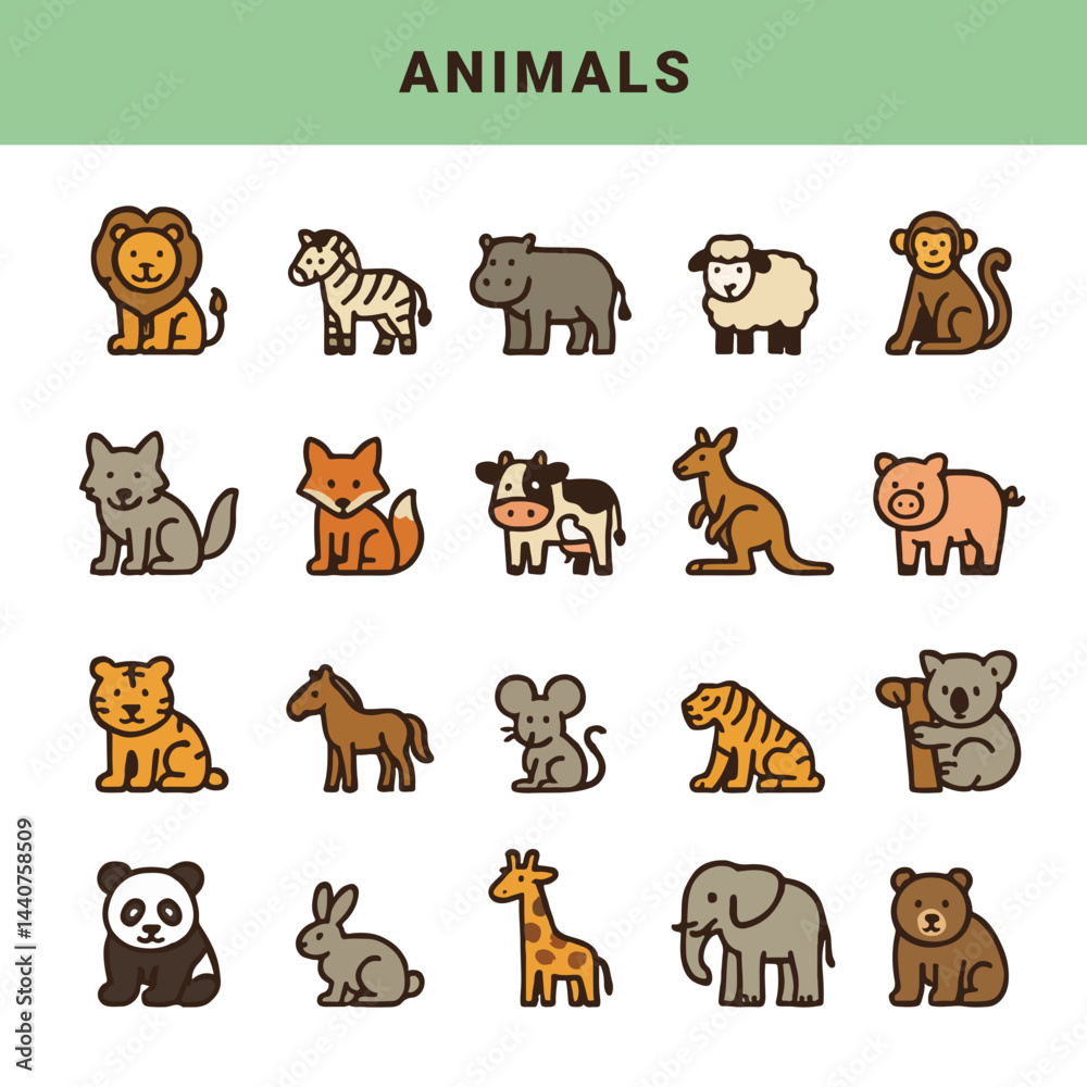 Fototapeta premium Animal Icon Set. Cute Vector Illustrations of Wildlife and Pets. A colorful and playful vector icon set featuring various animals including pets, wild animals and farm animals.