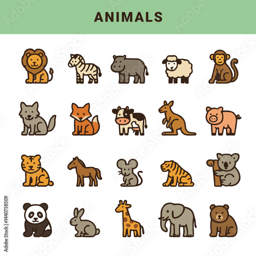 Animal Icon Set. Cute Vector Illustrations of Wildlife and Pets. A colorful and playful vector icon set featuring various animals including pets, wild animals and farm animals.