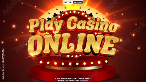 Play casino online 3d editable text effect vector. Shiny 3d retro style alphabet, jackpot game sign, glossy bold vegas typography, editable glamorous casino design template.
