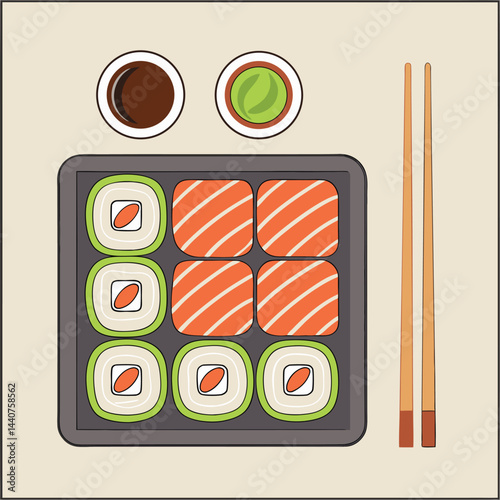 A colorful vector illustration design of a sushi set with chopsticks, like a paint stroke of food art
