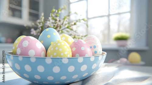 Pastel Easter eggs with polka dots in a blue polka dot bowl.  Bright, springy scene near a window. Perfect for Easter cards or spring decorations.