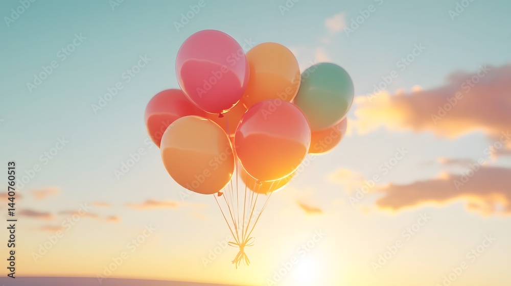 Fototapeta premium A bunch of colorful balloons floats in a beautiful sunset sky. The vibrant colors and warm light create a joyful and uplifting scene. Perfect for celebration themes.