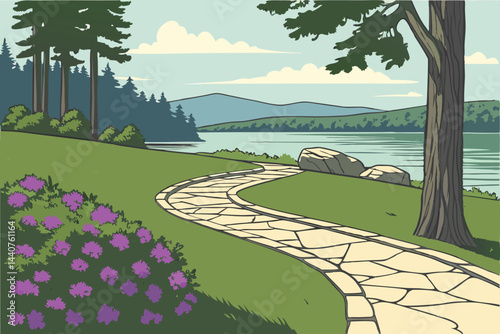 30 Scenic lakeside path, curving stone walkway, lush green lawn, vibrant purple flowers, tranquil water, distant forested hills, blue sky with wispy clouds, serene landscape, manicured gardens, waterf