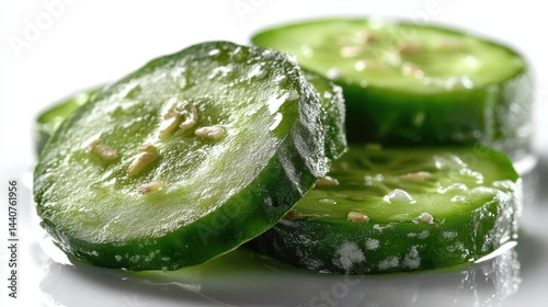 a close-up of a fresh cucumber sliced into rounds on a white isolated background, fresh and crisp design