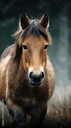 Brown horse standing majestically in a foggy forest during early morning hours with soft light filtering through trees
