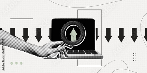 Trendy Halftone Collage Computer with Hand holding magnifying glass and arrow pointing up. Search for financial investments. Stock trading on market. Contemporary vector illustration art