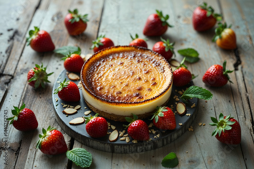 Wallpaper Mural Delicious baked cheesecake served with fresh strawberries and mint leaves on wooden table Torontodigital.ca