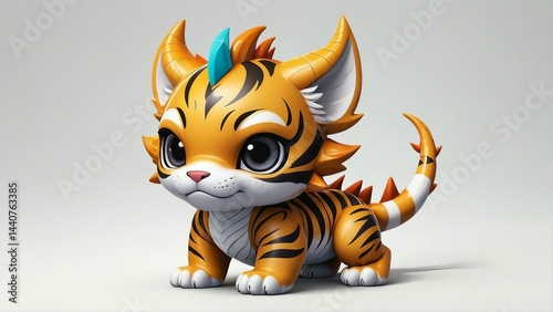 masterpiece, 4K, nenodroid, kawaii, UwU, chibi, mythical beast, tiger head, dragon body, mascot, unique, fantasy elements, 2-head height. no mistake not missing anything         white background photo