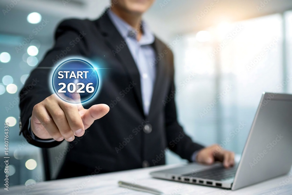 Asian Man Touching Start 2026 Interface with Laptop on Desk and Blurred Background Asian Man Touching Start 2026 Interface with Laptop on Desk and Blurred Background