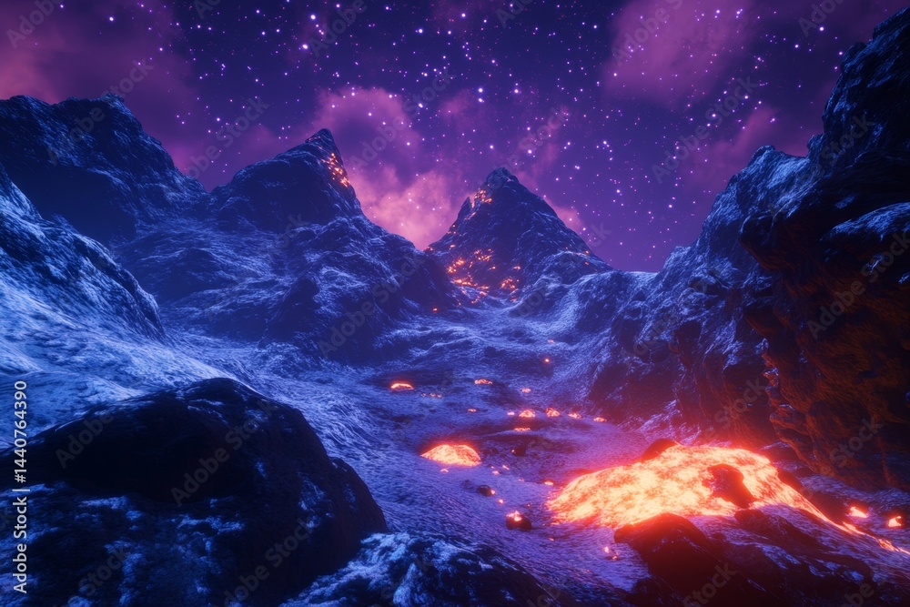 Naklejka premium Nighttime snow-capped mountains, glowing lava