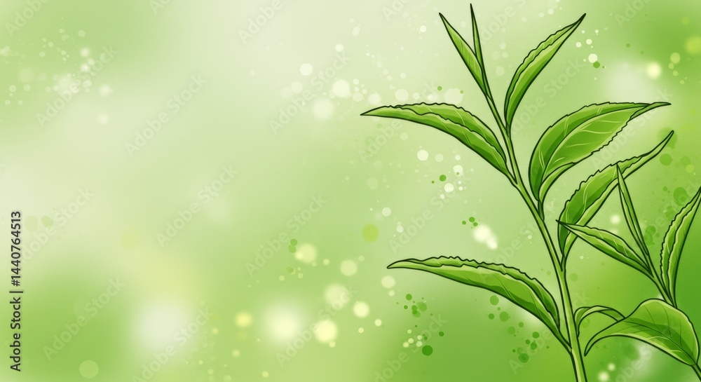 Fototapeta premium Green tea leaves on a soft gradient background with light bokeh effects, creating a fresh and calming atmosphere