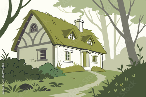 32 Fairytale cottage, moss-covered roof, white walls, green landscape, foggy atmosphere, mystical, enchanted, isolated, lush vegetation, fairy house, storybook setting, magical dwelling, ethereal, dre